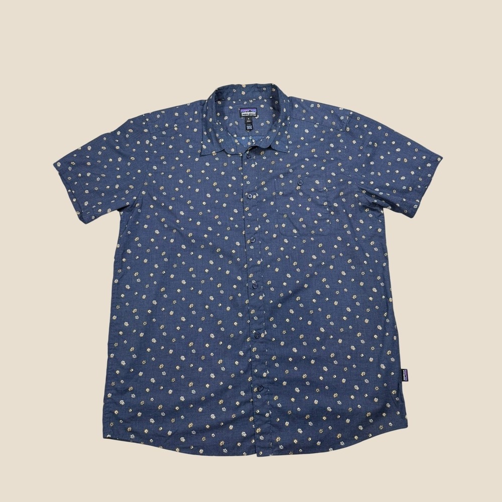 Patagonia Mens XL Organic Cotton Short Sleeve Button Down Shirt Floral Blue BLNY